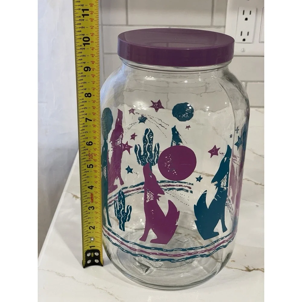 Vintage Southwest Desert Printed Glass Jar Plastic Lid Wide Mouth Large 10 in‎